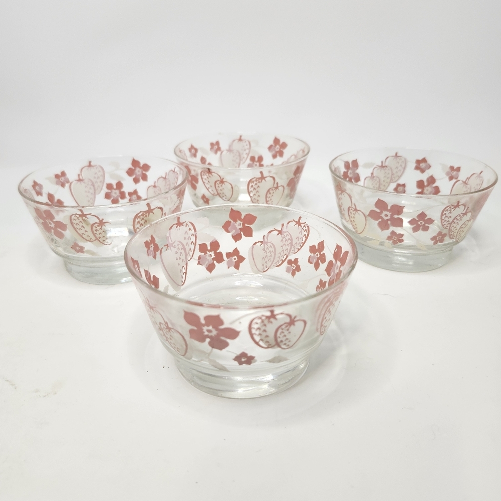 Set of 4 Vintage Glass Bowls with Pink & White Strawberry & Floral Design